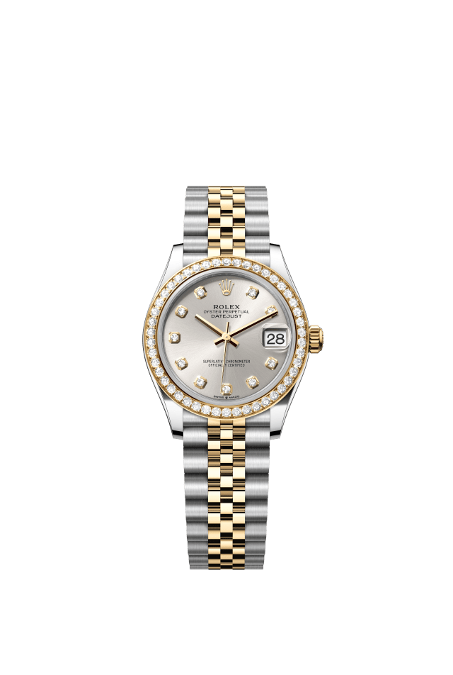 Rolex Datejust 31, Oyster, 31 mm, Oystersteel, yellow gold and diamonds, silver set with diamonds dial
