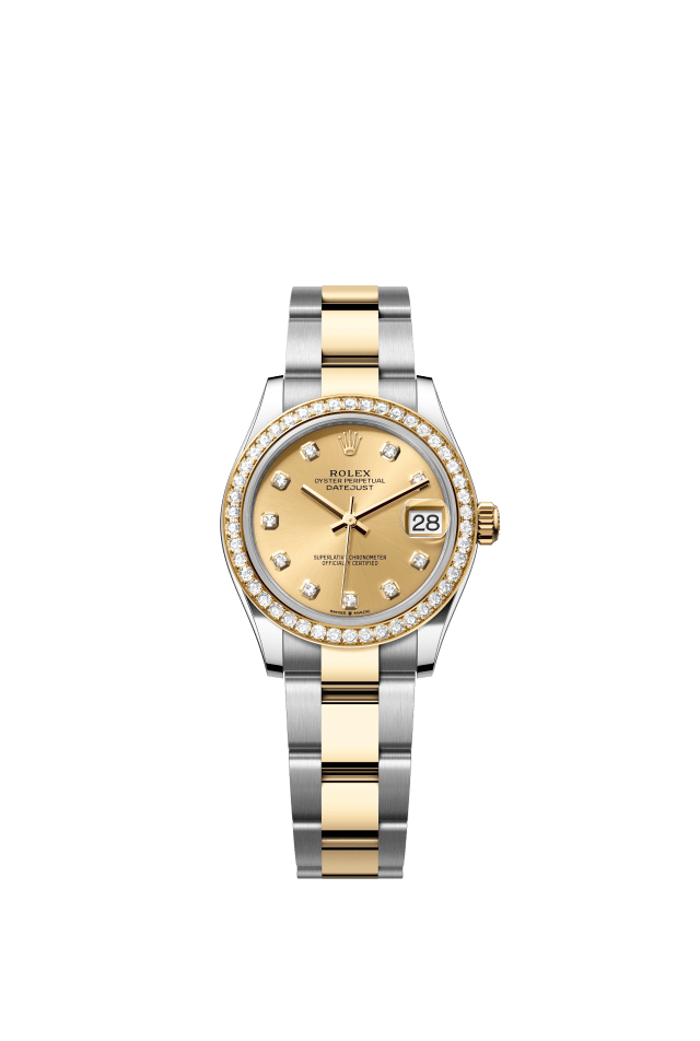 Rolex Datejust 31, Oyster, 31 mm, Oystersteel, yellow gold and diamonds, champagne-colour set with diamonds dial