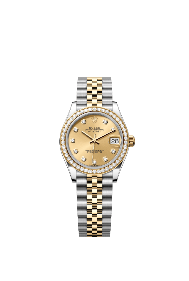 Rolex Datejust 31, Oyster, 31 mm, Oystersteel, yellow gold and diamonds, champagne-colour set with diamonds dial