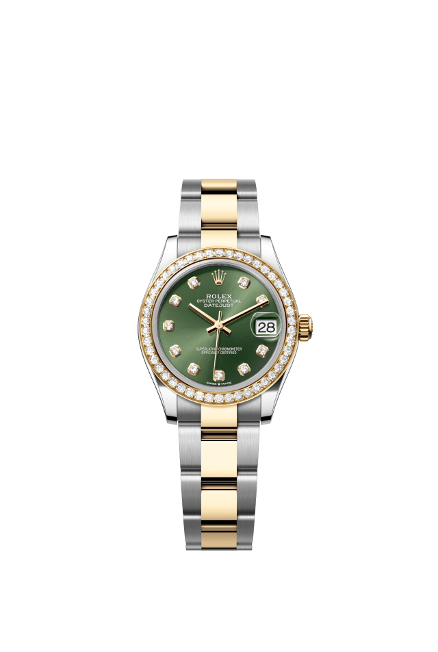 Rolex Datejust 31, Oyster, 31 mm, Oystersteel, yellow gold and diamonds, olive green set with diamonds dial