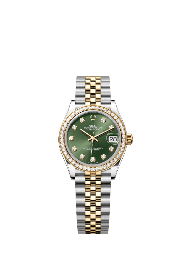 Rolex Datejust 31, Oyster, 31 mm, Oystersteel, yellow gold and diamonds, olive green set with diamonds dial