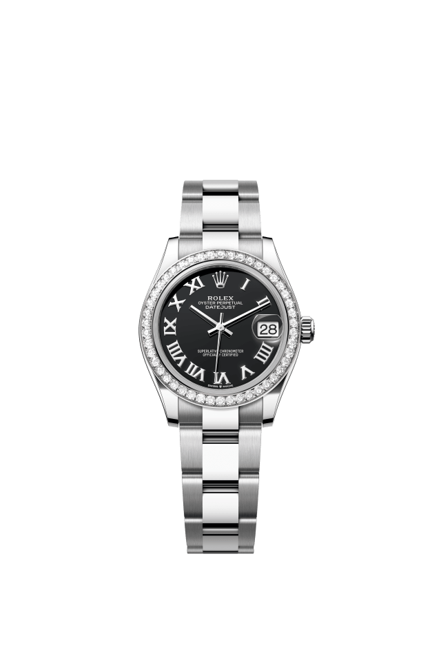 Rolex Datejust 31, Oyster, 31 mm, Oystersteel, white gold and diamonds, bright black dial