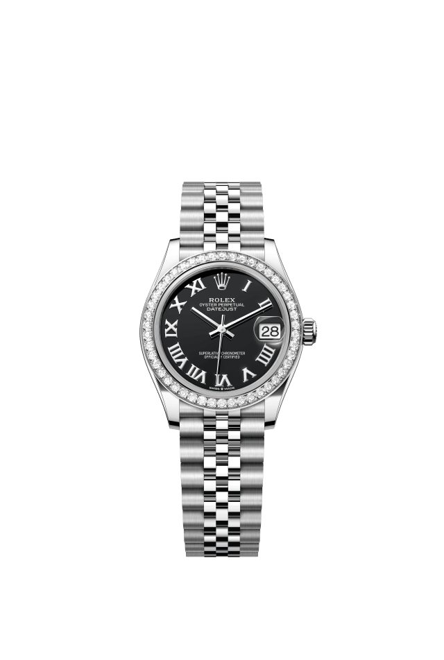 Rolex Datejust 31, Oyster, 31 mm, Oystersteel, white gold and diamonds, bright black dial