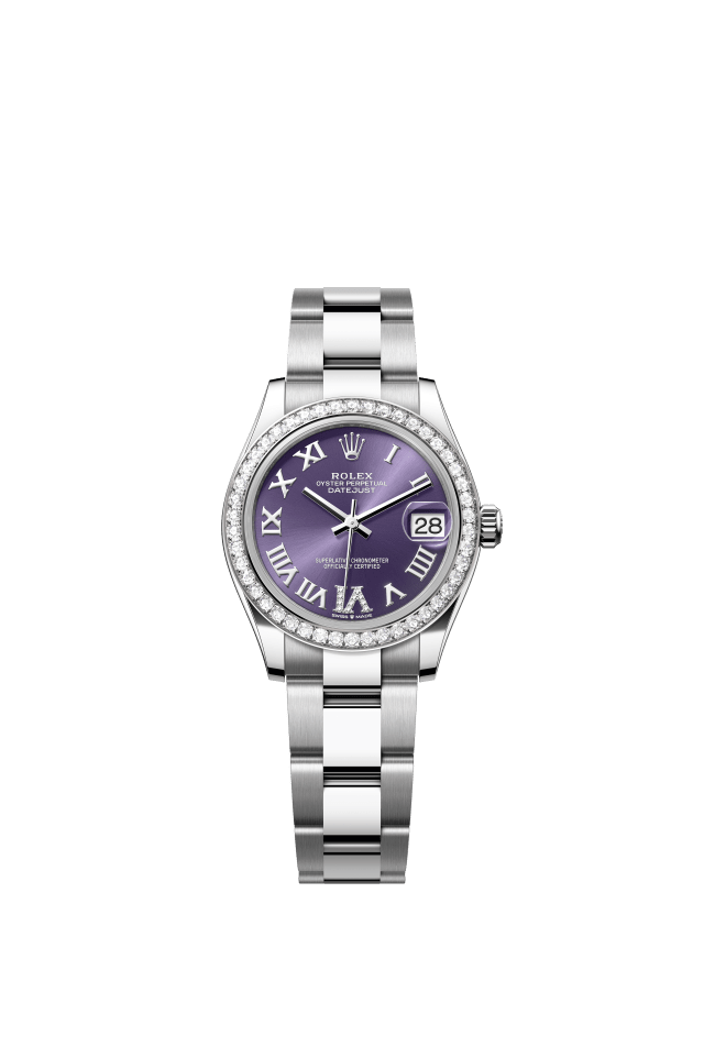 Rolex Datejust 31, Oyster, 31 mm, Oystersteel, white gold and diamonds, aubergine set with diamonds dial