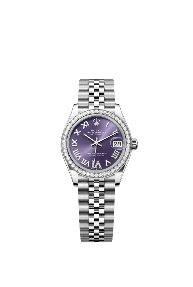 Rolex Datejust 31, Oyster, 31 mm, Oystersteel, white gold and diamonds, aubergine set with diamonds dial