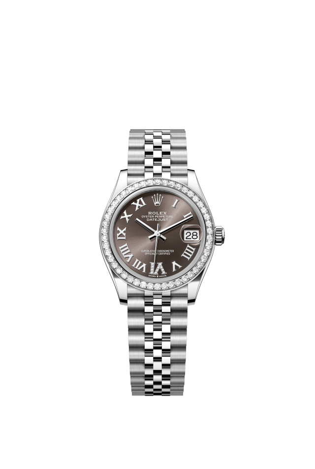 Rolex Datejust 31, Oyster, 31 mm, Oystersteel, white gold and diamonds, dark grey set with diamonds dial