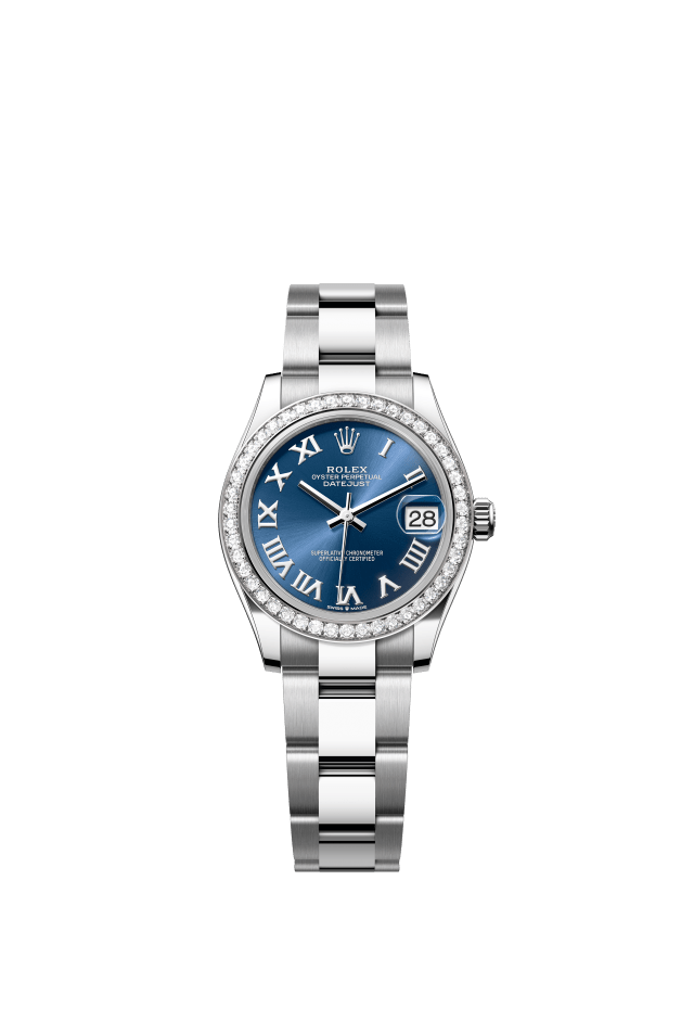 Rolex Datejust 31, Oyster, 31 mm, Oystersteel, white gold and diamonds, bright blue dial