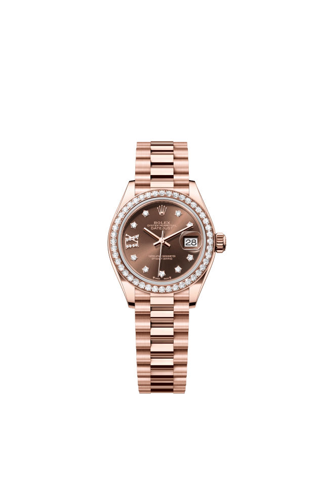 Rolex Lady-Datejust, Oyster, 28 mm, Everose gold and diamonds, chocolate set with diamonds dial