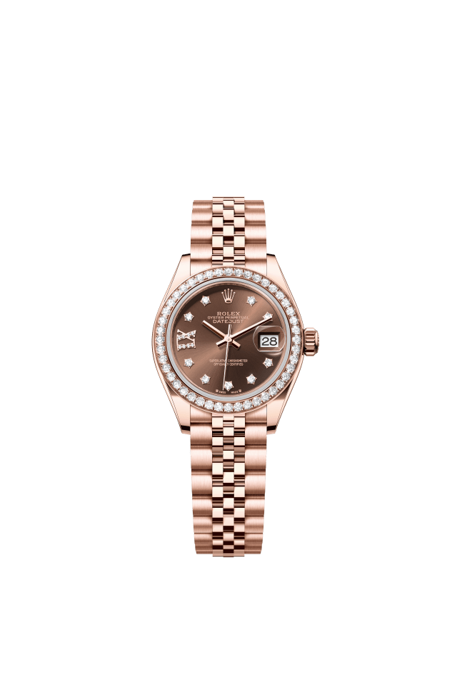 Rolex Lady-Datejust, Oyster, 28 mm, Everose gold and diamonds, chocolate set with diamonds dial