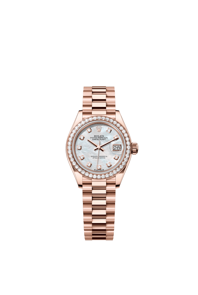 Rolex Lady-Datejust, Oyster, 28 mm, Everose gold and diamonds, white mother-of-pearl set with diamonds dial