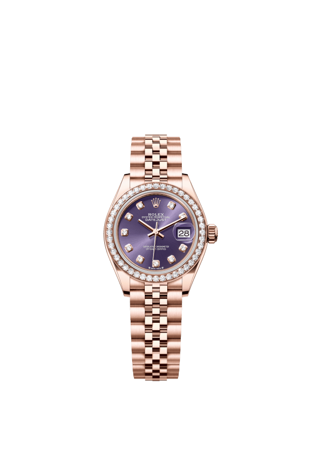 Rolex Lady-Datejust, Oyster, 28 mm, Everose gold and diamonds, aubergine set with diamonds dial