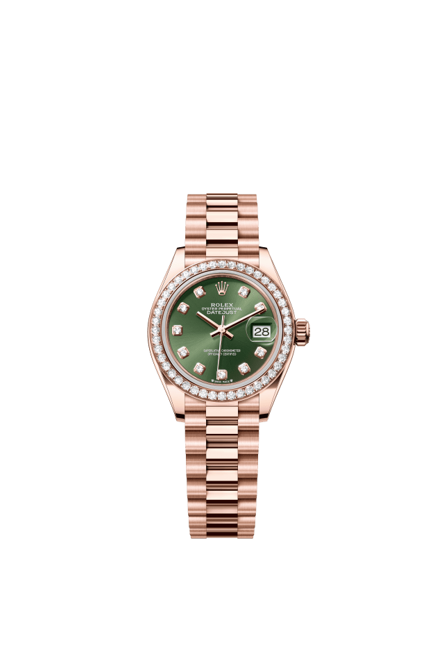 Rolex Lady-Datejust, Oyster, 28 mm, Everose gold and diamonds, olive green set with diamonds dial