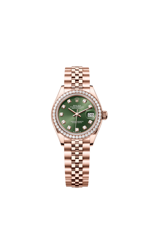 Rolex Lady-Datejust, Oyster, 28 mm, Everose gold and diamonds, olive green set with diamonds dial
