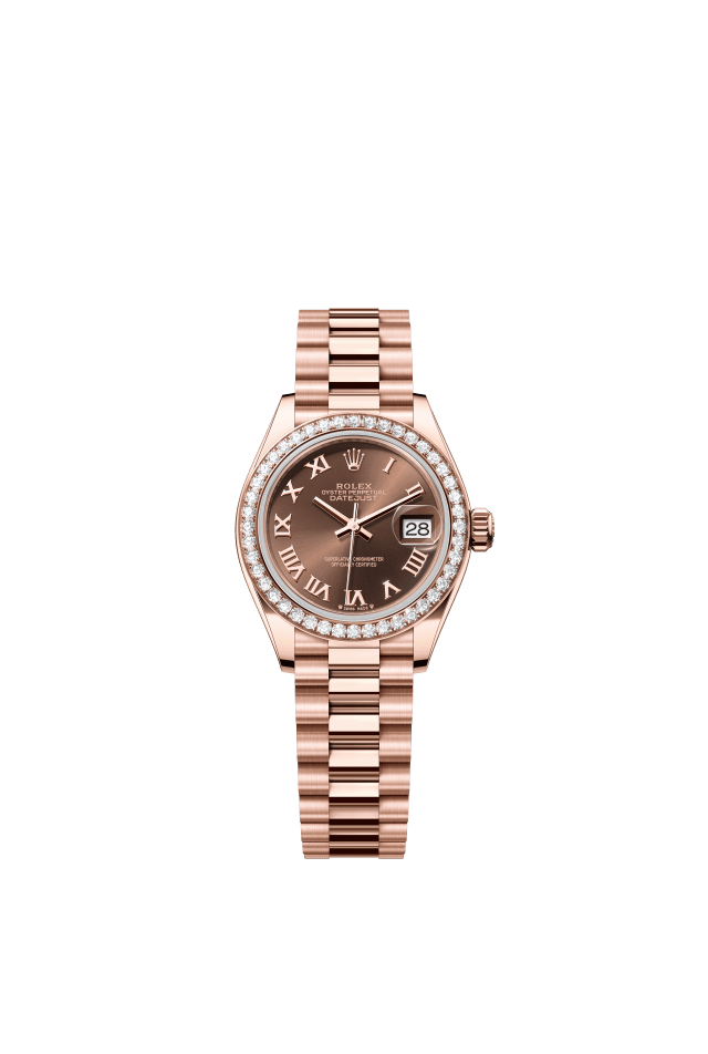 Rolex Lady-Datejust, Oyster, 28 mm, Everose gold and diamonds, chocolate dial