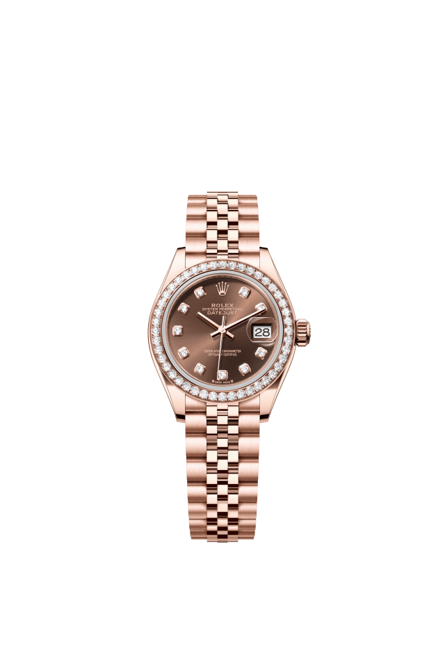Rolex Lady-Datejust, Oyster, 28 mm, Everose gold and diamonds, chocolate set with diamonds dial