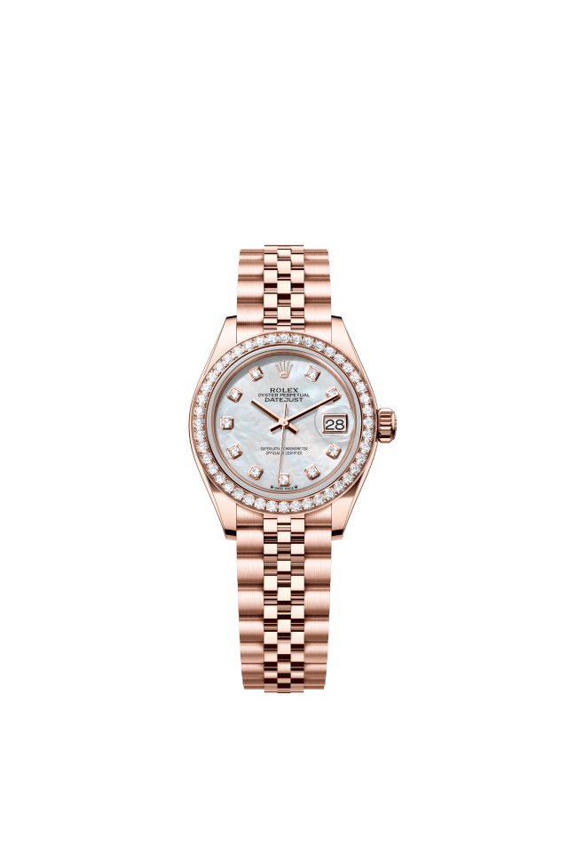 Rolex Lady-Datejust, Oyster, 28 mm, Everose gold and diamonds, white mother-of-pearl set with diamonds dial