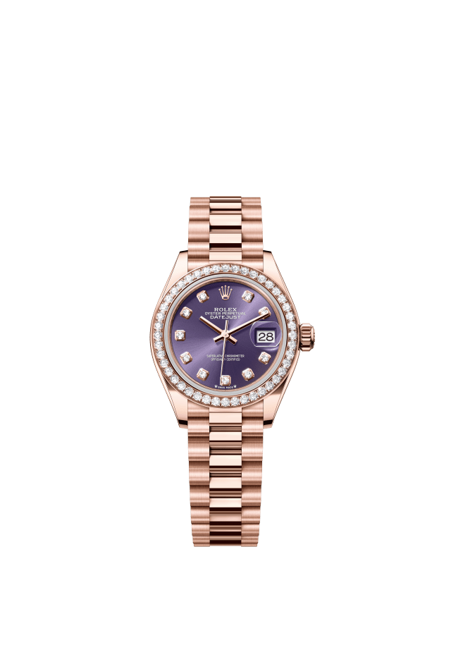 Rolex Lady-Datejust, Oyster, 28 mm, Everose gold and diamonds, aubergine set with diamonds dial
