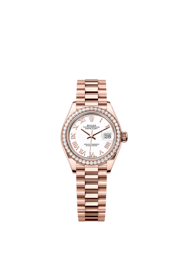 Rolex Lady-Datejust, Oyster, 28 mm, Everose gold and diamonds, white dial
