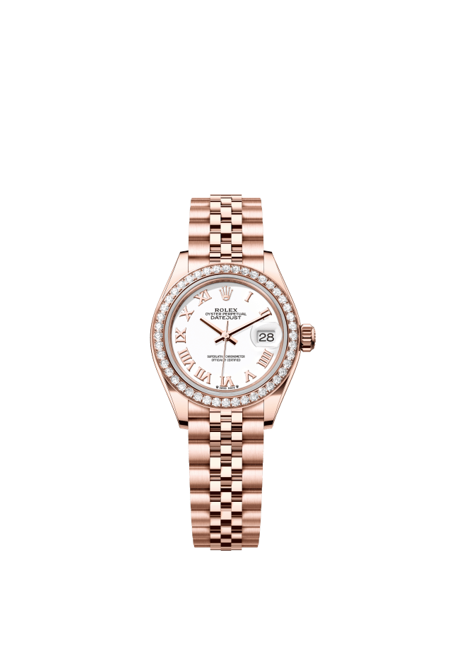 Rolex Lady-Datejust, Oyster, 28 mm, Everose gold and diamonds, white dial