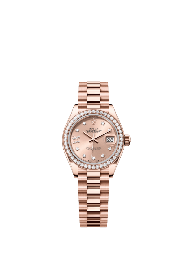 Rolex Lady-Datejust, Oyster, 28 mm, Everose gold and diamonds, rosé-colour set with diamonds dial