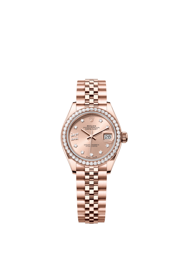 Rolex Lady-Datejust, Oyster, 28 mm, Everose gold and diamonds, rosé-colour set with diamonds dial
