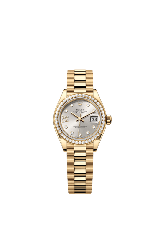 Rolex Lady-Datejust, Oyster, 28 mm, yellow gold and diamonds, silver set with diamonds dial