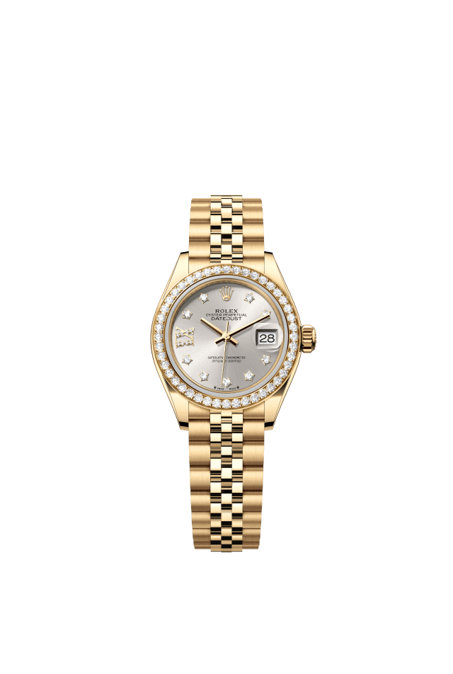 Rolex Lady-Datejust, Oyster, 28 mm, yellow gold and diamonds, silver set with diamonds dial