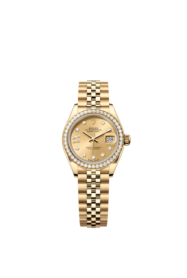 Rolex Lady-Datejust, Oyster, 28 mm, yellow gold and diamonds, champagne-colour set with diamonds dial