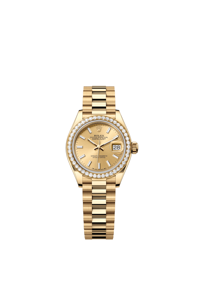 Rolex Lady-Datejust, Oyster, 28 mm, yellow gold and diamonds, champagne-colour dial
