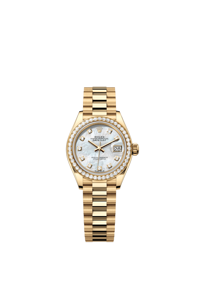 Rolex Lady-Datejust, Oyster, 28 mm, yellow gold and diamonds, white mother-of-pearl set with diamonds dial