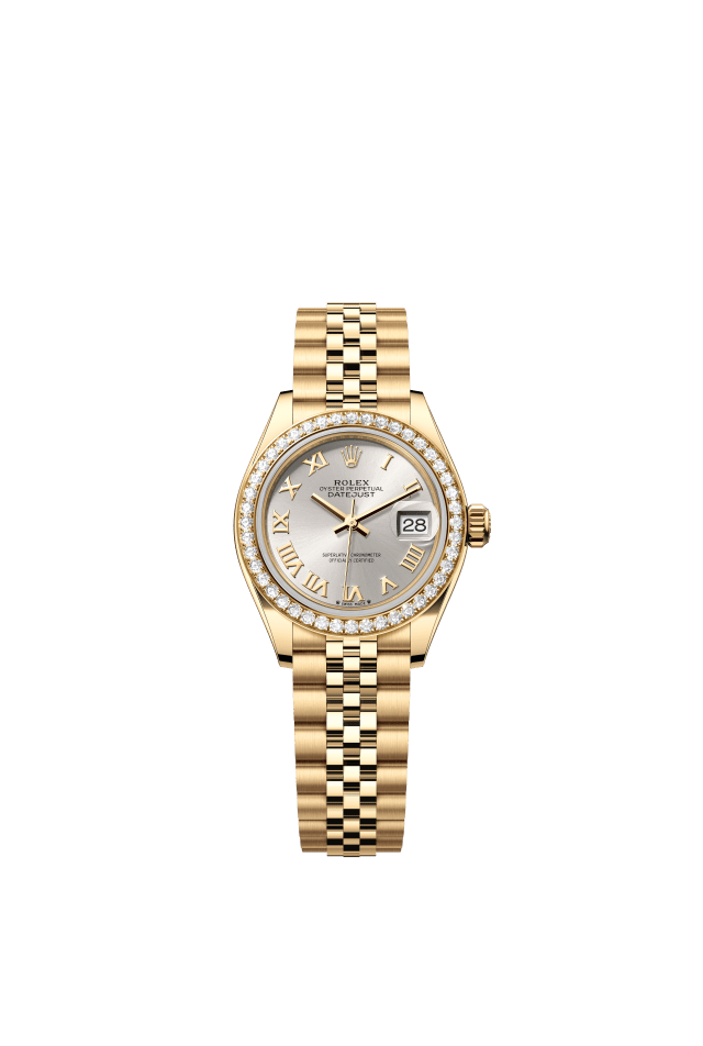 Rolex Lady-Datejust, Oyster, 28 mm, yellow gold and diamonds, silver dial