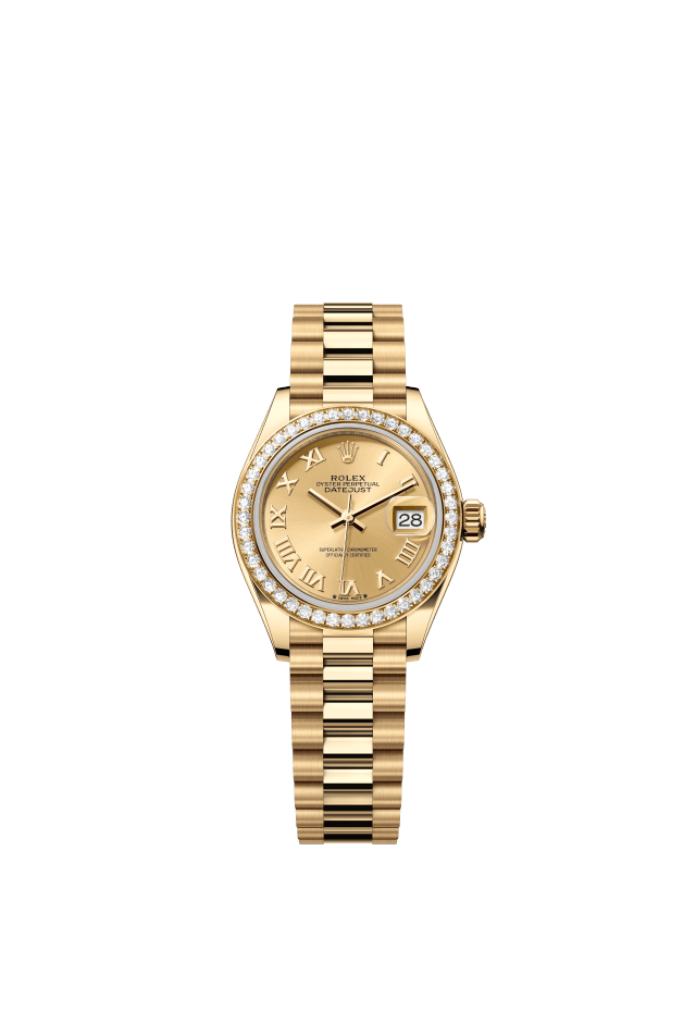 Rolex Lady-Datejust, Oyster, 28 mm, yellow gold and diamonds, champagne-colour dial
