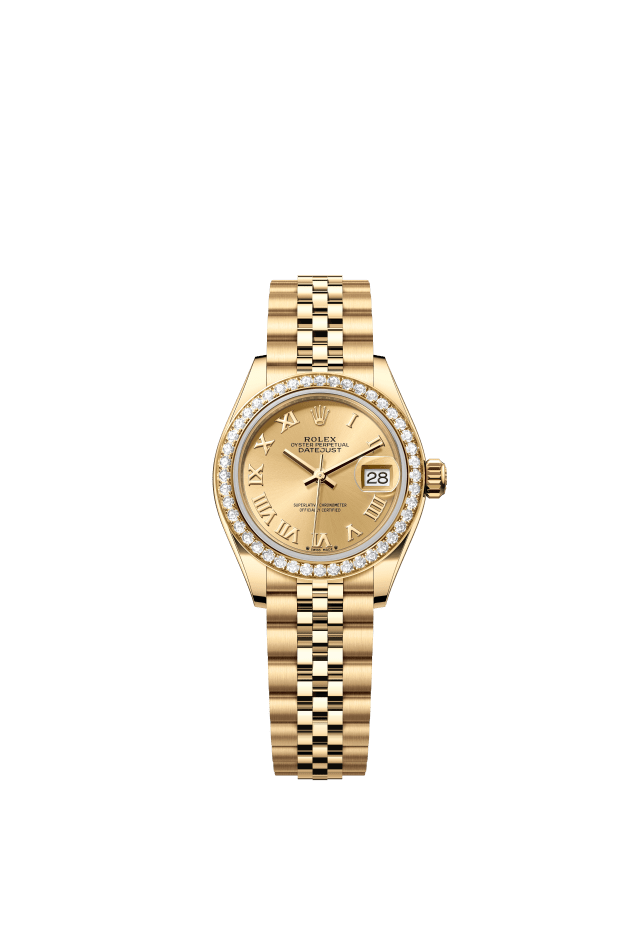 Rolex Lady-Datejust, Oyster, 28 mm, yellow gold and diamonds, champagne-colour dial
