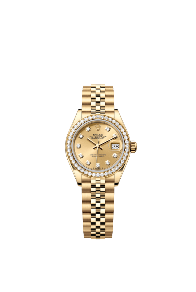 Rolex Lady-Datejust, Oyster, 28 mm, yellow gold and diamonds, champagne-colour set with diamonds dial