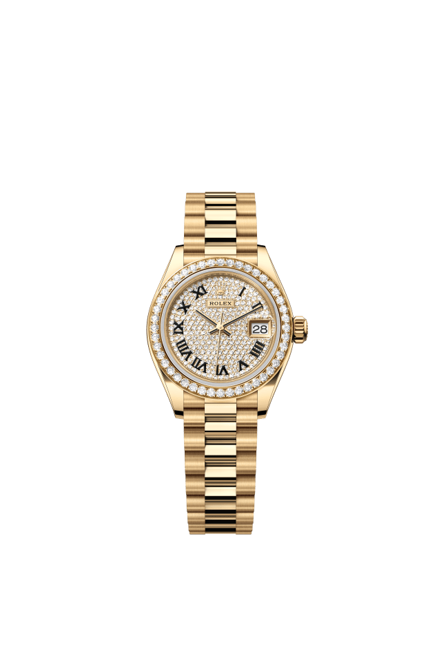 Rolex Lady-Datejust, Oyster, 28 mm, yellow gold and diamonds, diamond-paved dial
