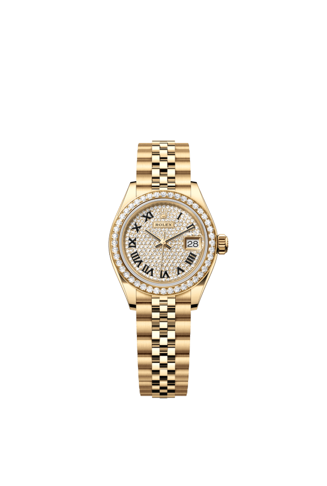 Rolex Lady-Datejust, Oyster, 28 mm, yellow gold and diamonds, diamond-paved dial
