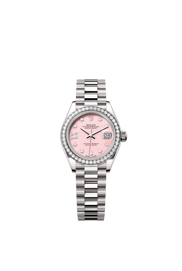 Rolex Lady-Datejust, Oyster, 28 mm, white gold and diamonds, pink opal set with diamonds dial