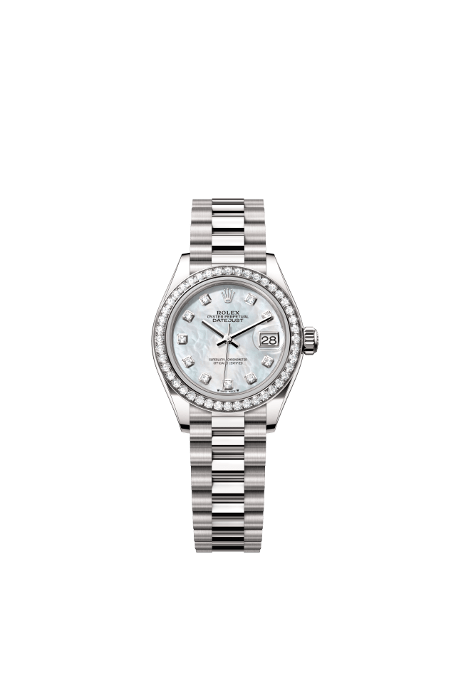 Rolex Lady-Datejust, Oyster, 28 mm, white gold and diamonds, white mother-of-pearl set with diamonds dial