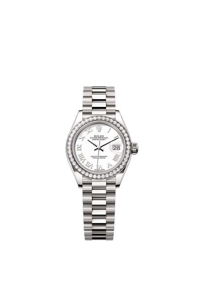 Rolex Lady-Datejust, Oyster, 28 mm, white gold and diamonds, white dial