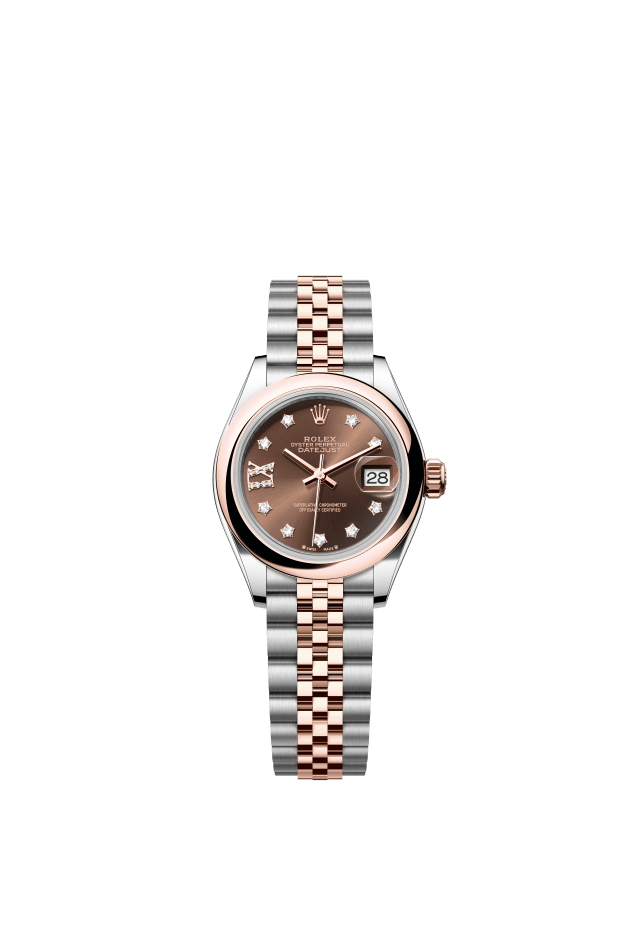 Rolex Lady-Datejust, Oyster, 28 mm, Oystersteel and Everose gold, chocolate set with diamonds dial