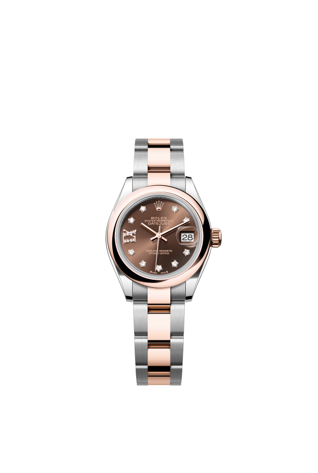 Rolex Lady-Datejust, Oyster, 28 mm, Oystersteel and Everose gold, chocolate set with diamonds dial