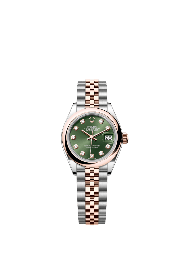 Rolex Lady-Datejust, Oyster, 28 mm, Oystersteel and Everose gold, olive green set with diamonds dial