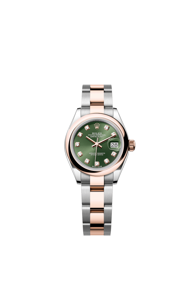 Rolex Lady-Datejust, Oyster, 28 mm, Oystersteel and Everose gold, olive green set with diamonds dial