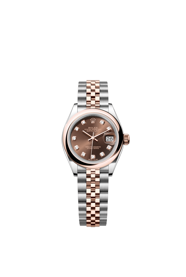 Rolex Lady-Datejust, Oyster, 28 mm, Oystersteel and Everose gold, chocolate set with diamonds dial