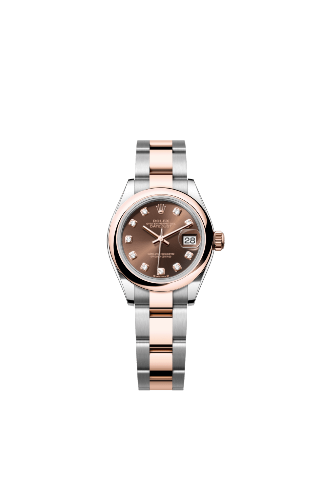 Rolex Lady-Datejust, Oyster, 28 mm, Oystersteel and Everose gold, chocolate set with diamonds dial