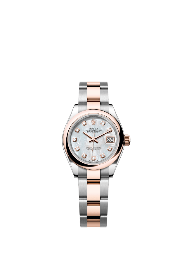 Rolex Lady-Datejust, Oyster, 28 mm, Oystersteel and Everose gold, white mother-of-pearl set with diamonds dial