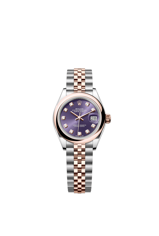 Rolex Lady-Datejust, Oyster, 28 mm, Oystersteel and Everose gold, aubergine set with diamonds dial
