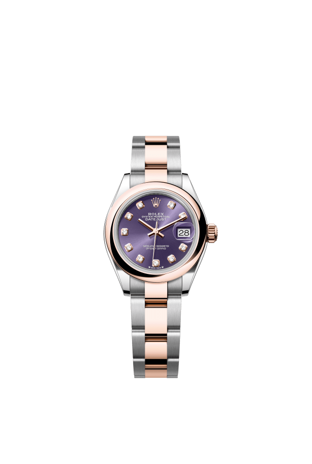 Rolex Lady-Datejust, Oyster, 28 mm, Oystersteel and Everose gold, aubergine set with diamonds dial