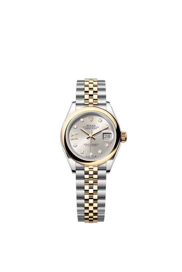 Rolex Lady-Datejust, Oyster, 28 mm, Oystersteel and yellow gold, silver set with diamonds dial