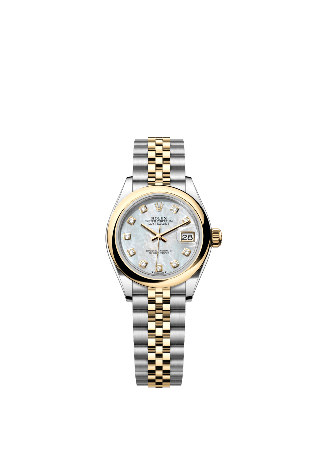 Rolex Lady-Datejust, Oyster, 28 mm, Oystersteel and yellow gold, white mother-of-pearl set with diamonds dial
